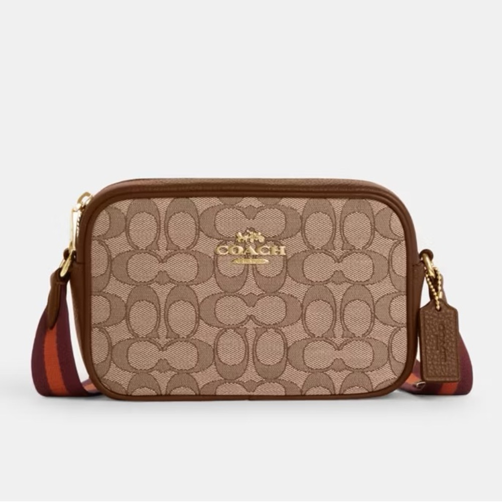 Coach Signature Camera Crossbody in Tan and Brown with Striped Strap